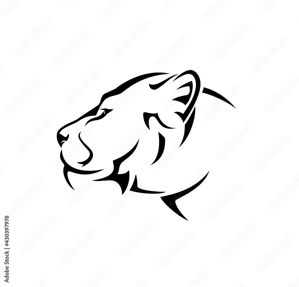 beautiful african lioness profile head portrait - black and white vector animal outline design