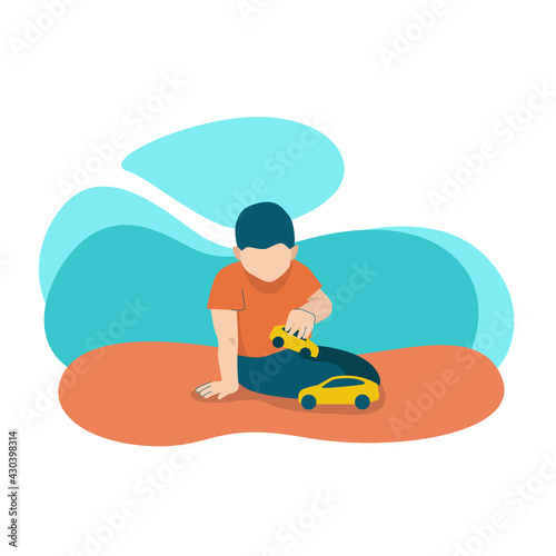 A boy plays with toy cars. He's sitting on the floor. He's alone and lonely