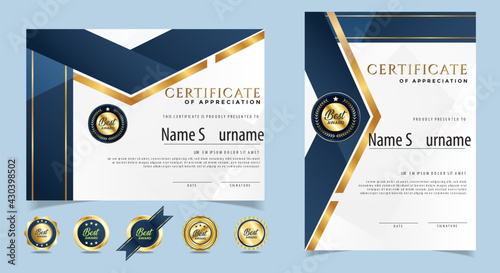 Certificate of appreciation template, gold and blue color. Clean modern certificate with gold badge. Certificate border template with luxury and modern line pattern. Diploma vector template