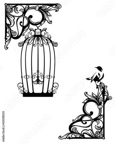 antique style page corner decor element with open bird cage - black and white vector outline graphic set for secret garden concept