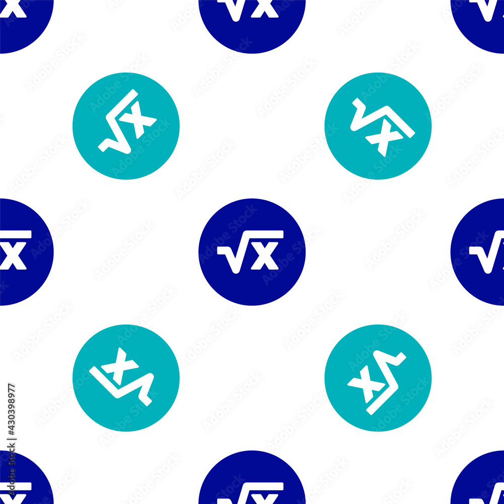 Blue Square root of x glyph icon isolated seamless pattern on white background. Mathematical expression. Vector Blue Square root of x glyph icon isolated seamless pattern on white background. Mathematical expression. Vector