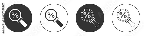 Black Magnifying glass with percent icon isolated on white background. Discount offers searching. Search for discount sale sign. Circle button. Vector