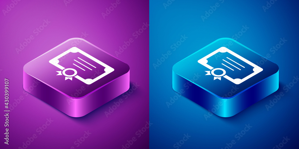 Isometric Certificate template icon isolated on blue and purple background. Achievement, award, degree, grant, diploma concepts. Square button. Vector Isometric Certificate template icon isolated on blue and purple background. Achievement, award, degree, grant, diploma concepts. Square button. Vector