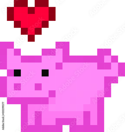Cute pixel pig with a heart over its head (vector, isolated)