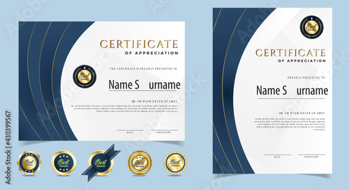 Certificate of appreciation template, gold and blue color. Clean modern certificate with gold badge. Certificate border template with luxury and modern line pattern. Diploma vector template