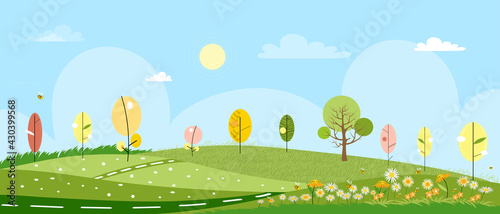 Fototapeta Naklejka Na Ścianę i Meble -  Cute cartoon panorama landscape of Spring field and spring flowers with family bee flying, Lovely card with sun shine, cloud and honey Bee collecting pollen on flowers in sunny day, Summer background