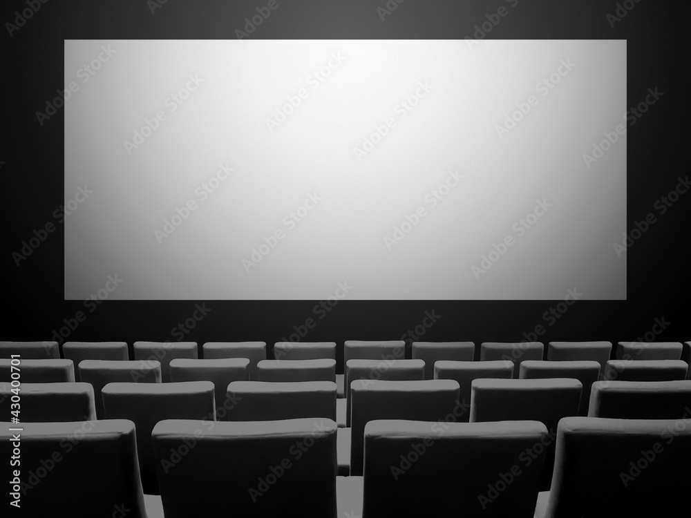Cinema movie theatre with seats and a blank white screen