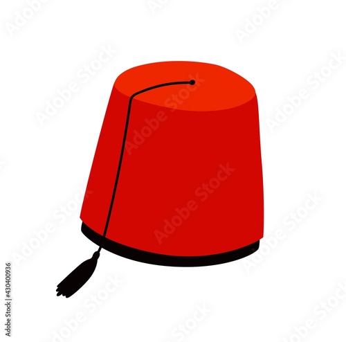 Fez with tassel. Tarboosh authentic hat. Turkish headdress. Exotic ottoman red hat. Flat hand-drawn illustration.