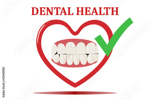 Dental health illustration vector isolated on white. Teeth drawings and heart. Diagnosis, prevent, protection, and gingivitis concept.