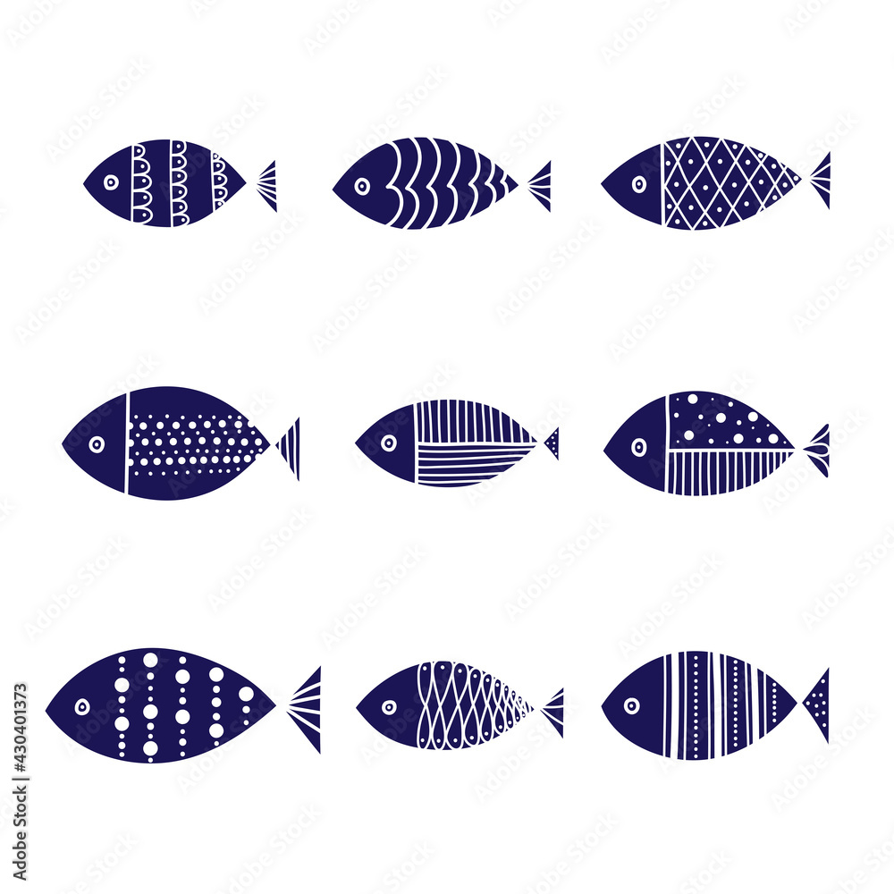 Blue decorative fish. Cute set. Blue decorative fish. Cute set.