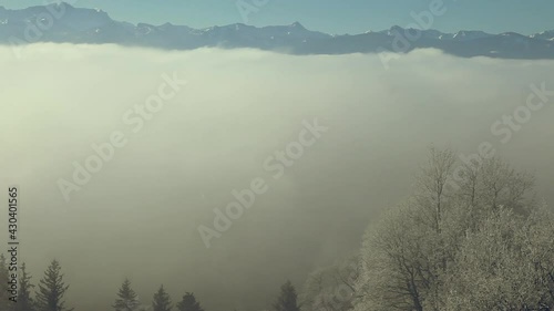 Blick über dahinziehende Hochnebeldecke mit Sonnenlicht und Alpenpanorama im Hintergrund photo