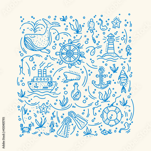 A poster with elements of marine life. Vector doodle of hand-drawn marine animals and objects. Cartoon sea life for your textiles. Vector illustration