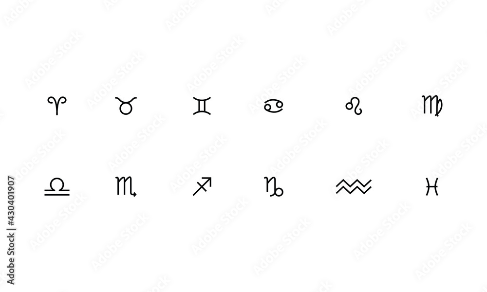 set of horoscope symbol in twelve zodiac constellation. a flat line zodiac icons isolated on black background. astrology and mythology collection in vector.