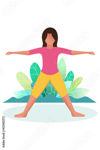 A woman is engaged in yoga in nature. Healthy lifestyle concept. Flat. Cartoon style. Vector.