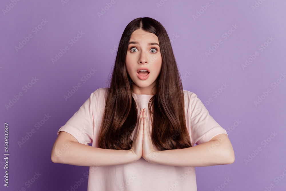 Surprised happy beautiful woman make pleading gesture excited face open mouth Surprised happy beautiful woman make pleading gesture excited face open mouth