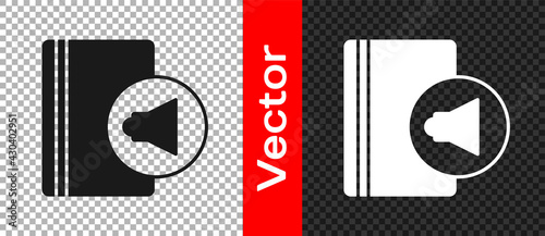 Black Audio book icon isolated on transparent background. Book with headphones. Audio guide sign. Online learning concept. Vector