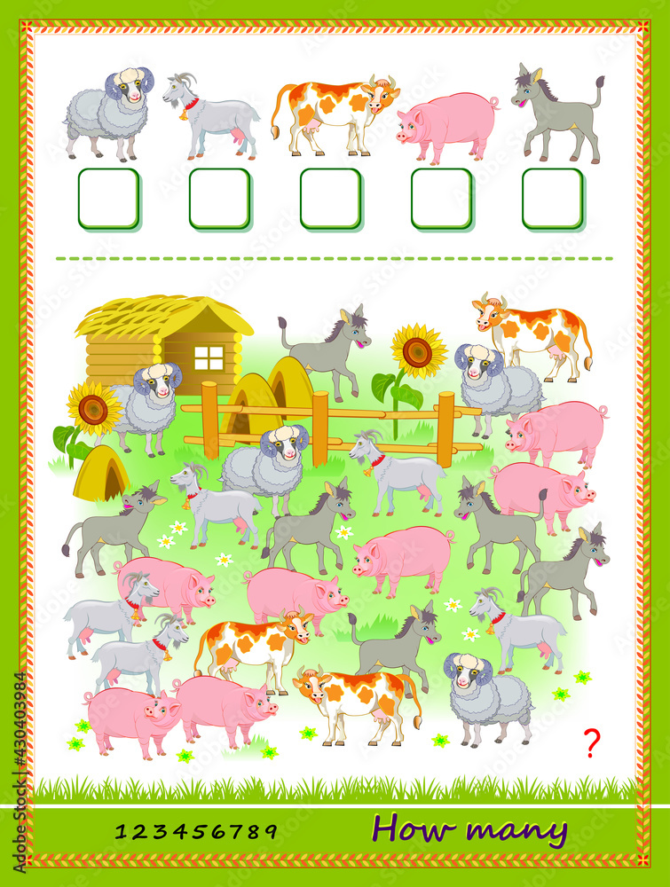 Math education for children. How many farm animals can you find? Count  quantity and write the numbers. Developing counting skills. Logic puzzle  game. Worksheet for kids school textbook. Play online. Stock Vector |
