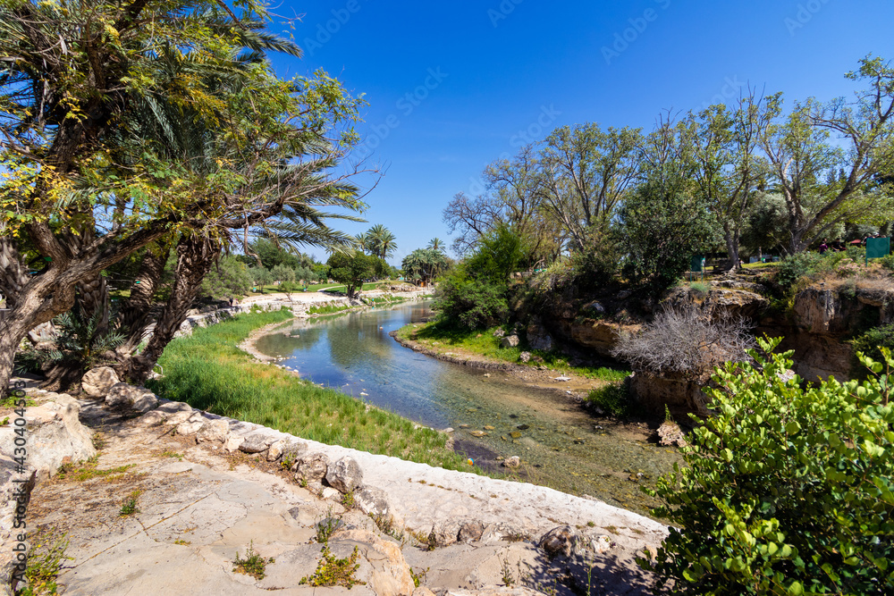 Obraz premium A small stream of clear water in a place that used to be a large pool, in Gan Hashlosha Park in the Beit She'an Valley