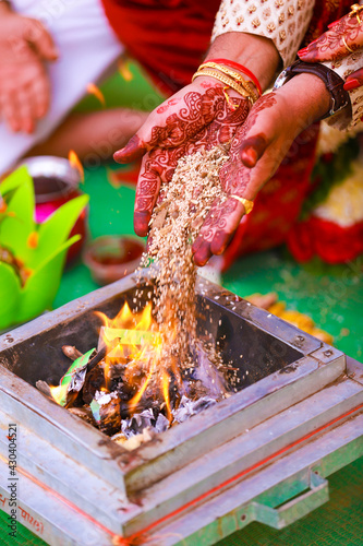 Indian couple hand in wedding Satphera ceremony in hinduism photo