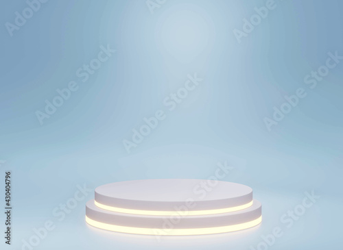 The pedestal on sky background with cylinder stand concept  stand backdrop  an empty shelf 3d illustration.