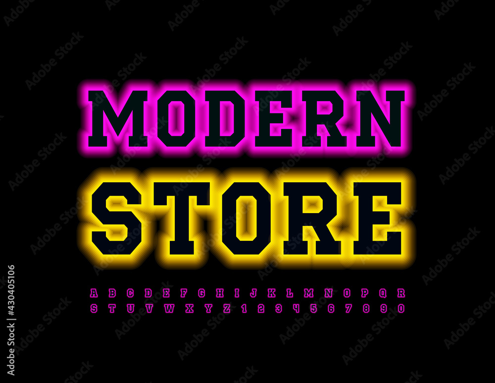 Vector trendy banner Modern Store. Bright Violet Font. Glowing Alphabet Letters and Numbers set