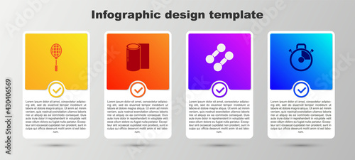 Set Tennis racket, Fitness mat roll, Dumbbell and Stopwatch. Business infographic template. Vector