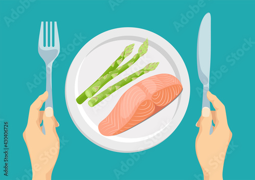 Salmon fillet and asparagus in plate top view. Healthy food. Hands holding knife and fork. Vector illustration in cartoon flat style.