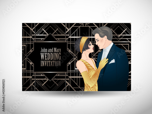Beautiful couple in art deco style. Retro fashion: glamour man and woman of twenties. Vector illustration. Flapper 20's style. Vintage party or thematic wedding invitation design template.