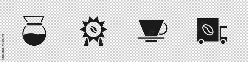 Set Pour over coffee maker, Medal for, V60 and Coffee street truck machine icon. Vector Set Pour over coffee maker, Medal for, V60 and Coffee street truck machine icon. Vector