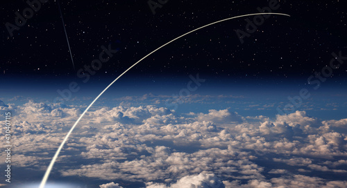 Fototapeta Naklejka Na Ścianę i Meble -  Long Exposure Night Time Rocket Launch - Planet Earth with a spectacular sunset 