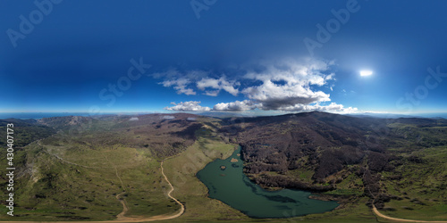 default 360 degree virtual reality panorama of Biviere lake immersed in the beautiful beech forest of Monte Soro in spring on the Nebrodi, Sicily, Italy. Natural lake with views of Mount Etna and sea.