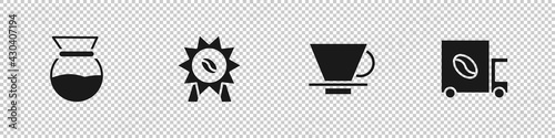 Set Pour over coffee maker, Medal for, V60 and Coffee street truck machine icon. Vector