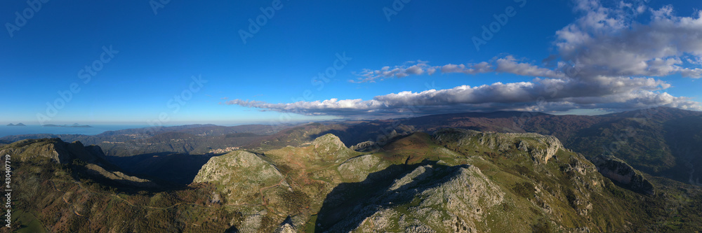 180 degrees virtual reality panorama of the Rocche del Crasto, a mountainous and rocky complex where golden eagle nests, Nebrodi, Sicily, Italy.