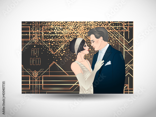 Beautiful couple in art deco style. Retro fashion: glamour man and woman of twenties. Vector illustration. Flapper 20's style. Vintage party or thematic wedding invitation design template.