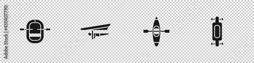 Set Rafting boat, Hang glider, Kayak or canoe and Longboard skateboard icon. Vector
