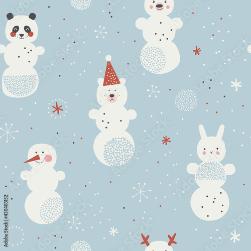 Funny Christmas animals snowman vector seamless pattern. Snowy Bunny Deer Panda background for kids. Seasonal winter holidays childish animalistic print design 