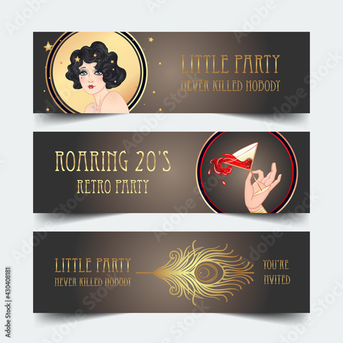Art Deco vintage illustration of flapper girl. Retro party character in 1920 s style. Vector design for glamour event or jazz party.
