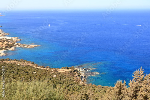 View from above to the Cyprus island sea coast with blue lagoon. Akamas cape landscape