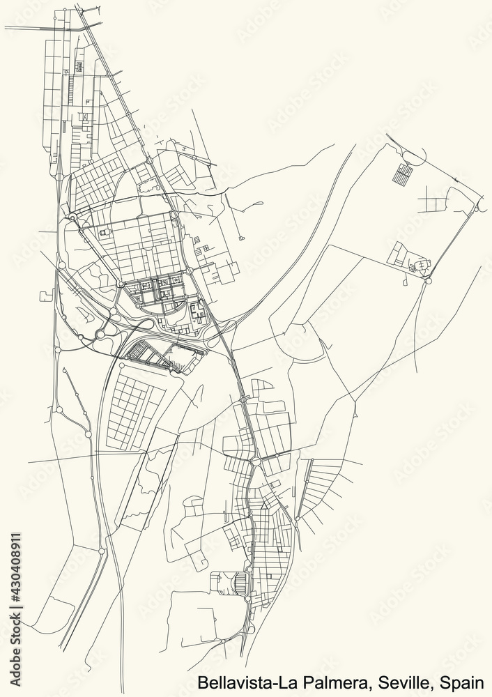 Black simple detailed street roads map on vintage beige background of the quarter Bellavista-La Palmera district of Seville, Spain