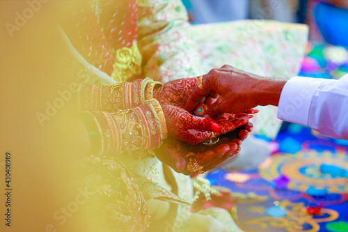 Indian couple hand in wedding Satphera ceremony in hinduism photo