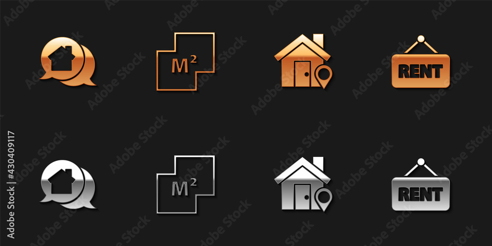 Set Real estate message house, House plan, Location with and Hanging sign Rent icon. Vector Set Real estate message house, House plan, Location with and Hanging sign Rent icon. Vector