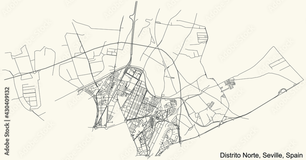 Black simple detailed street roads map on vintage beige background of the quarter Distrito Norte district of Seville, Spain