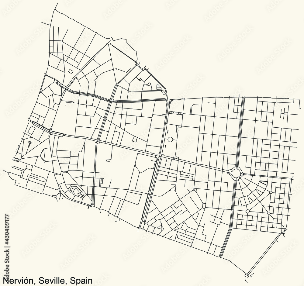 Black simple detailed street roads map on vintage beige background of the quarter Nervión district of Seville, Spain