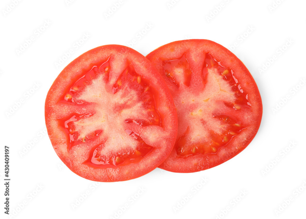 Slices of ripe tomato on white background, top view Slices of ripe tomato on white background, top view