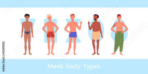 Male body of different type, diversity group of men in underwear or swimsuits standing