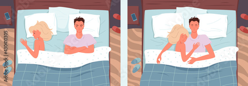Couple people sleeping poses in bed set, young man and woman sleep or quarrel in bedroom