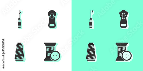 Set Sewing thread and button, Awl tool, and Zipper icon. Vector