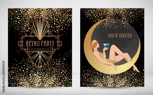Art Deco vintage illustration of flapper girl. Retro party character in 1920 s style. Vector design for glamour event or jazz party.