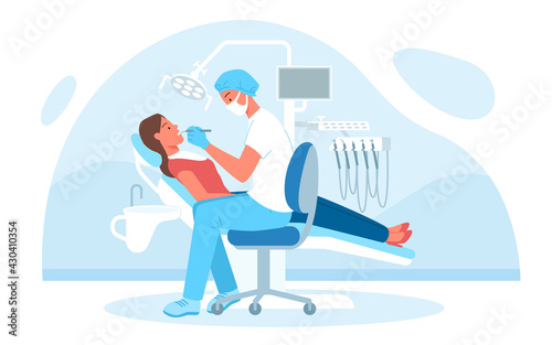 Dentistry medical checkup in hospital, doctor dentist in mask examining patient teeth