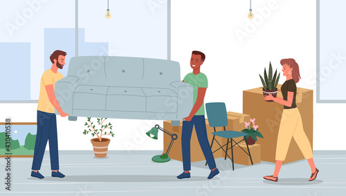 Family move to new house or home apartment, happy woman and young man holding sofa